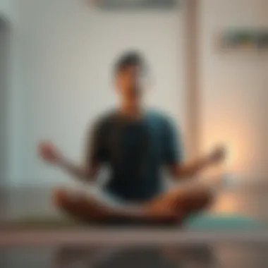 Person sitting cross-legged on a mat, eyes closed, practicing deep breathing to overcome restlessness while shifting.