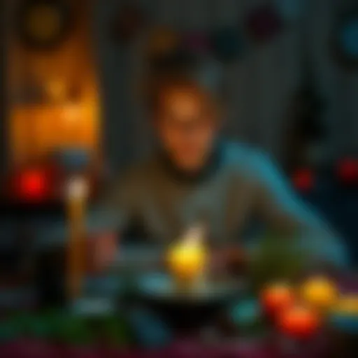 Relaxed person casting a spell A calm individual performs a spell with candles and herbs around them, surrounded by a soothing atmosphere.