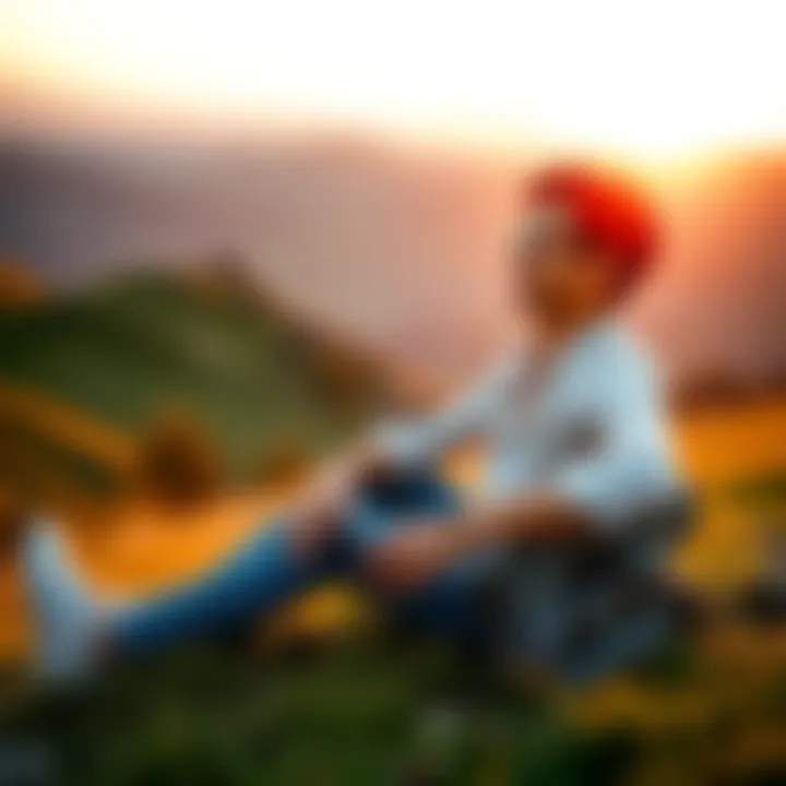 A person sitting on a grassy hill, smiling while looking at the sunset, symbolizing peace and freedom from financial worries.