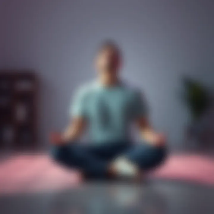 An adult sitting cross-legged on a floor, eyes closed, practicing meditation in a calm setting with soft lighting