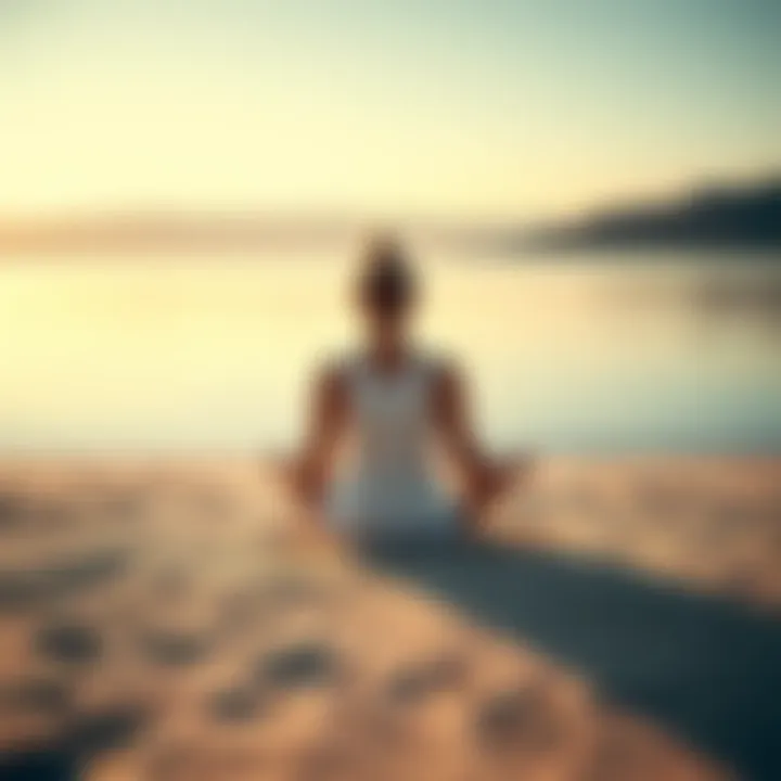 Relaxed person meditating A person sitting cross-legged on a calm beach, practicing meditation to relieve stress.
