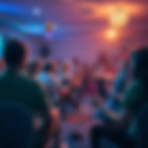 A calm and peaceful scene of people enjoying a live music session at 432Hz, surrounded by soft lighting and a tranquil atmosphere.