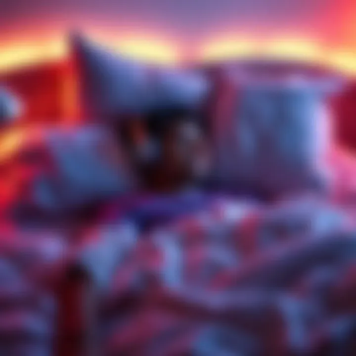 Person listening to ASMR with headphones in a cozy bed, surrounded by soft pillows and a calming atmosphere