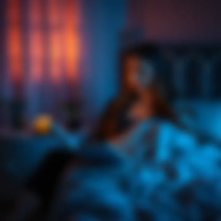 A cozy bedroom scene with dim lighting, a person reading a book in bed, and a cup of herbal tea on the nightstand, creating a calm atmosphere for bedtime.