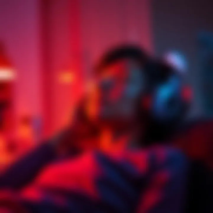 Relaxing with Playlists A person enjoying music with headphones, creating separate playlists for day and night for relaxation.