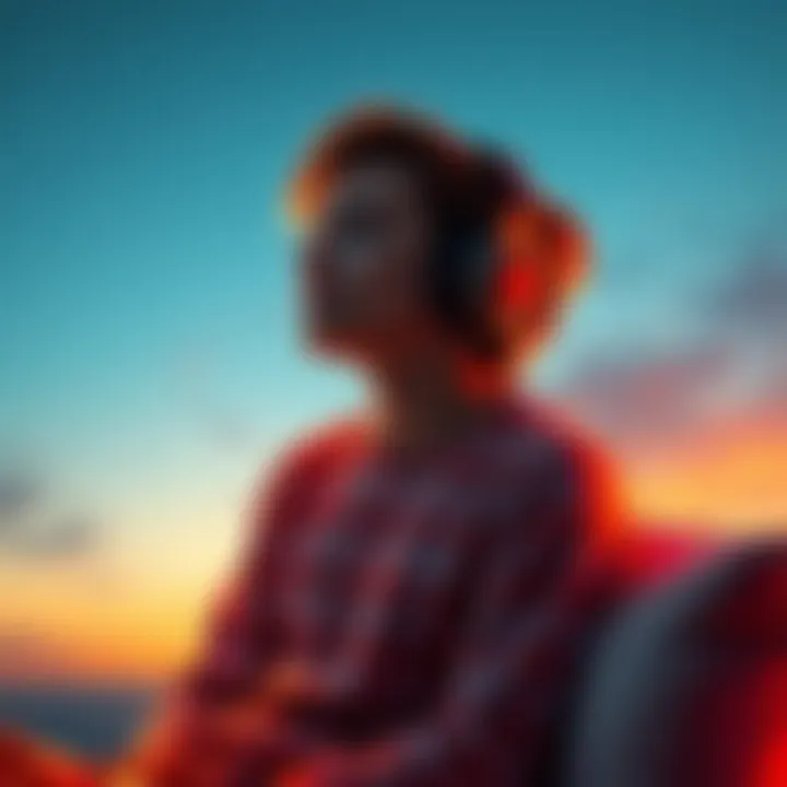 Listening to Relaxing Tapes A person sitting comfortably, wearing headphones, eyes closed, experiencing subtle sensations while listening to audio tapes on a peaceful background.