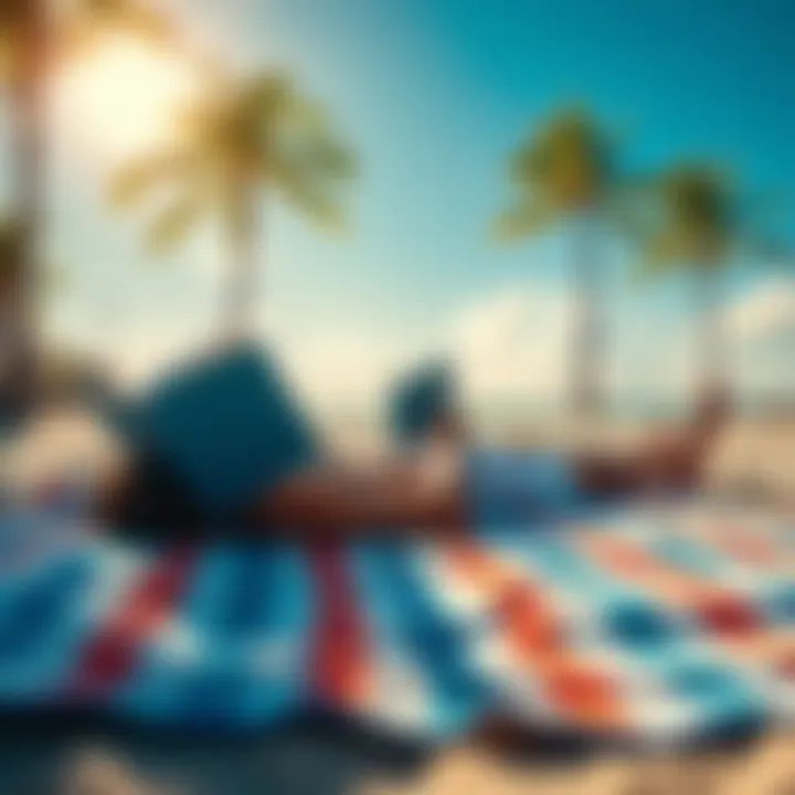 A person lying on a beach towel, enjoying the sun with a book in hand, surrounded by palm trees and a clear blue sky.