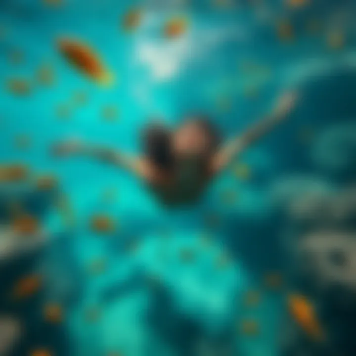 A person floating peacefully underwater surrounded by colorful fish and coral, enjoying the calmness of the ocean.