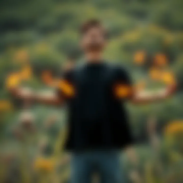 A person standing in a peaceful setting, surrounded by nature, letting go of negative energy with open hands and a relaxed expression.