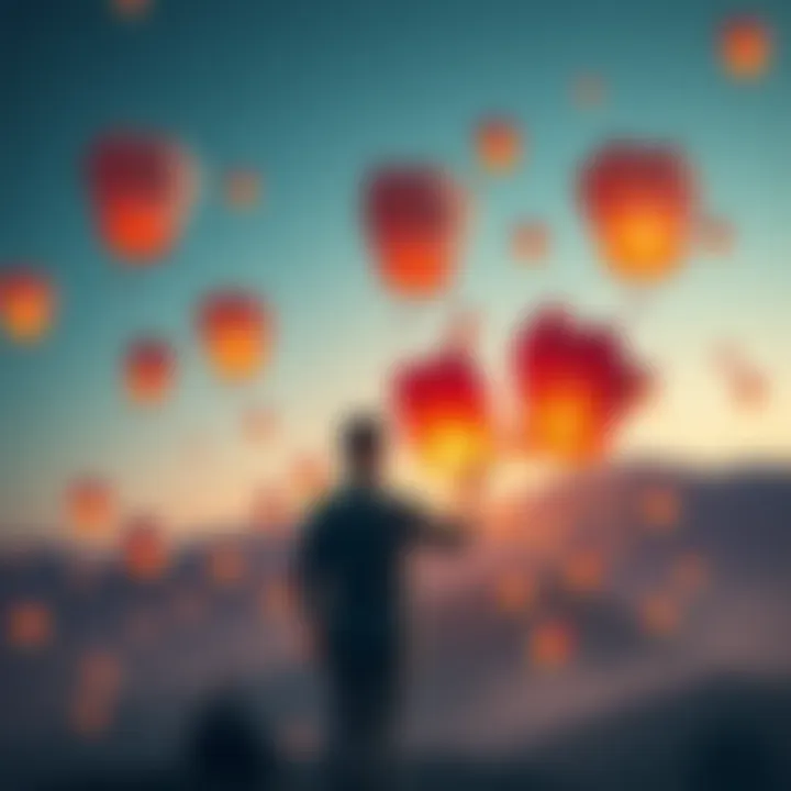 A person standing in a serene environment, letting go of paper lanterns into the sky, symbolizing the release of attachments for personal growth.