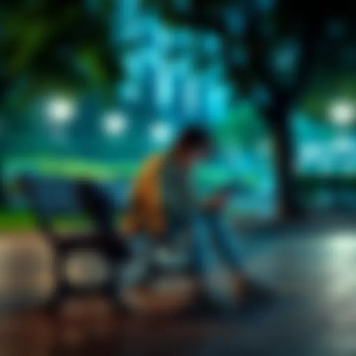 A person sitting alone on a park bench, looking contemplative while gazing at a phone, symbolizing emotional struggle in friendships