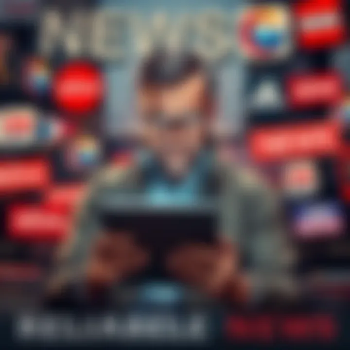 Reliable News Sources A person reading news articles on a tablet with a serious expression, surrounded by various news logos and headlines