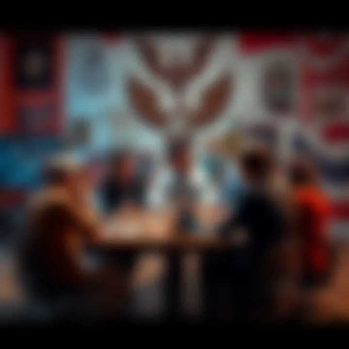 A group of diverse people discussing around a table with religious symbols and political signs in the background.