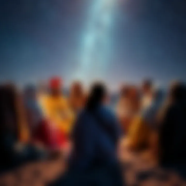 A group of diverse people, representing various religions, sitting in a circle discussing their beliefs about God and alien life, under a starry sky.