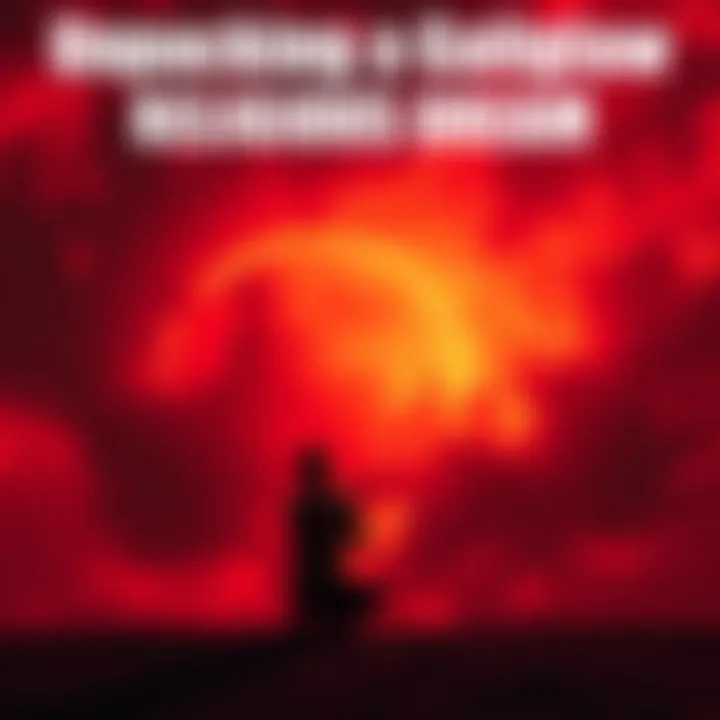 A person praying under a blood-red sky, symbolizing a struggle with gluttony and spiritual connection.