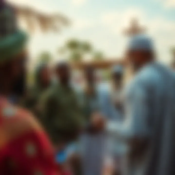 A group of people in traditional attire participating in a religious initiation ceremony outdoors in Texas, with a focus on one person discussing fees.