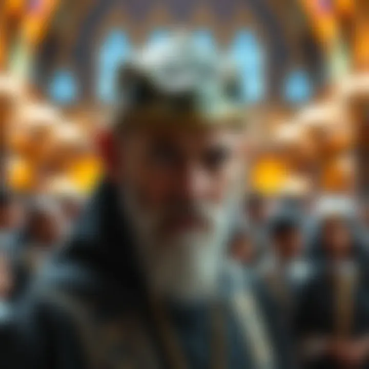 A religious leader with unusual facial features resembling a reptile, standing in front of a congregation.