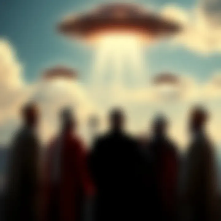 Group of religious leaders in discussion with UFOs in the sky above them