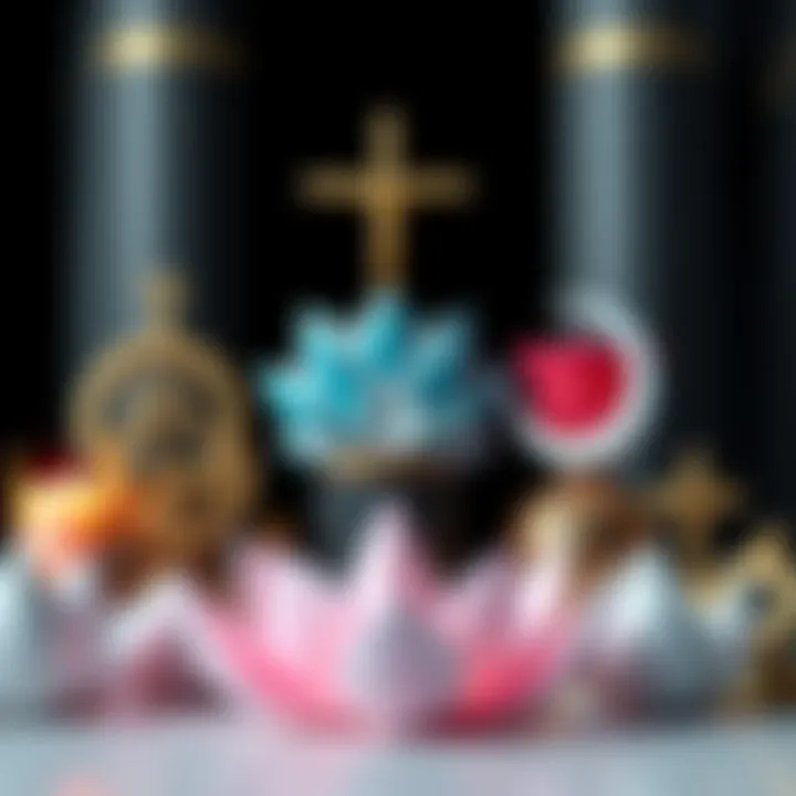 Various religious symbols representing different faiths, including a cross, crescent moon, and lotus flower, arranged together to symbolize unity in faith.