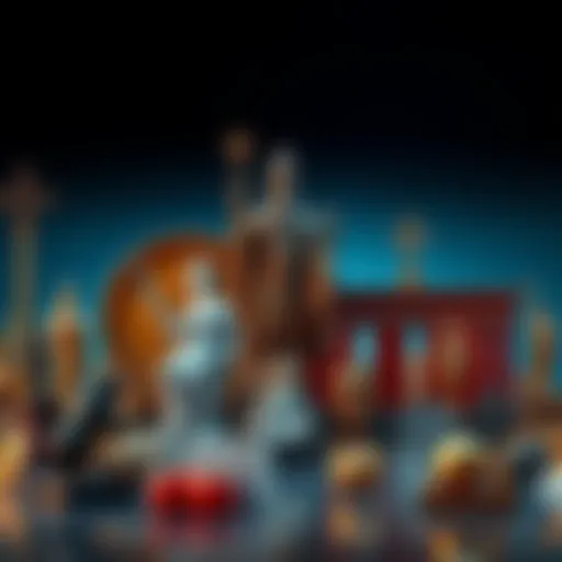 An arrangement of symbols representing various deities from different cultures, including a Greek statue and a Roman temple, illustrating the practice of equating deities across traditions.