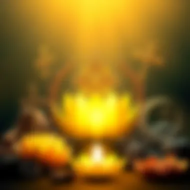 Various religious symbols representing different faiths associated with enlightenment, like a lotus flower, a cross, and a crescent moon.