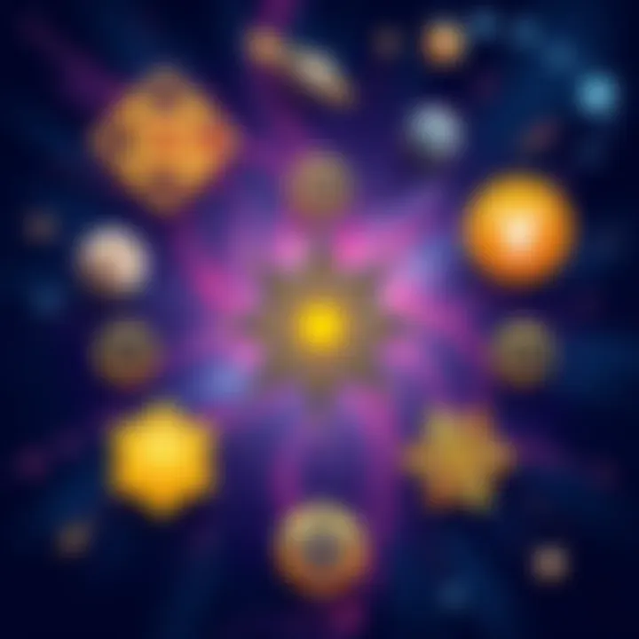 An illustration showing various religious symbols surrounded by swirling galaxies, representing the idea of multiple universes and beliefs.