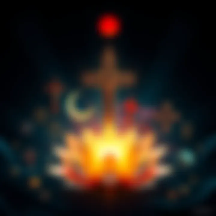 A collection of symbols representing different religions, including a cross, crescent moon, and lotus flower, arranged together to show unity.