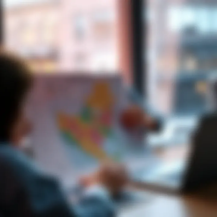 Relocation Chart Analysis A person examining a relocation chart with a map and a laptop, exploring different moving options.