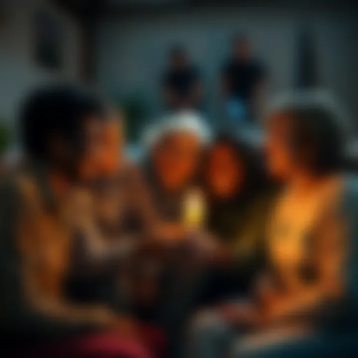 Remembering a Friend A group of friends gathered together, sharing laughter and holding a candle in memory of their beloved friend, surrounded by warm lighting.