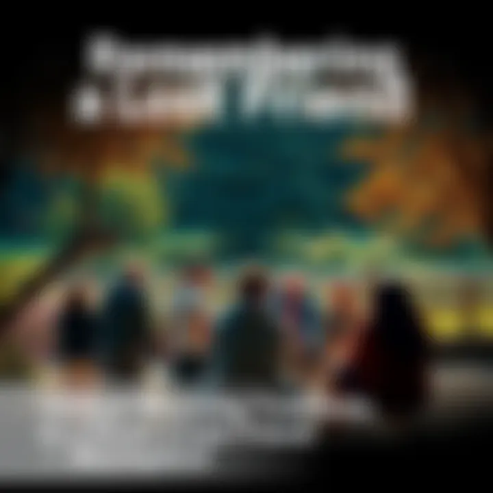 A group of people gathered in a peaceful outdoor setting, sharing stories and memories of a lost friend, surrounded by trees and nature.