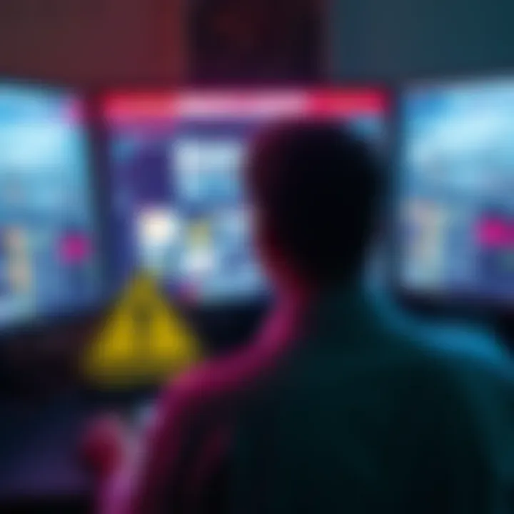 Remote Viewing Warning A person looking at a computer screen displaying various remote viewing accounts, with a caution sign in the foreground, symbolizing the warning about fake accounts.