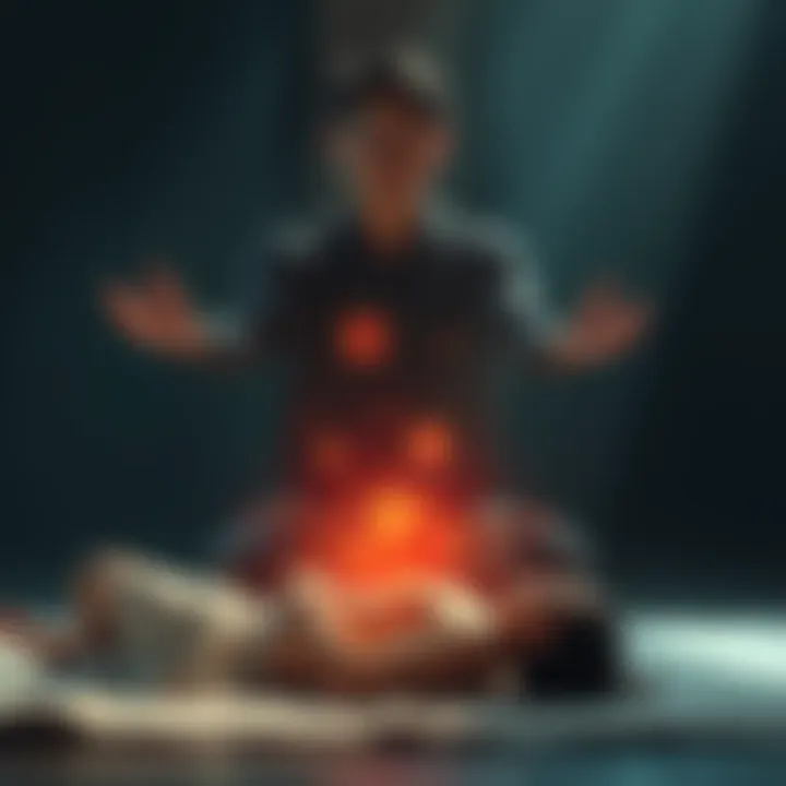 A person meditating with hands extended, sending healing energy to a figure lying down nearby, surrounded by soft light.