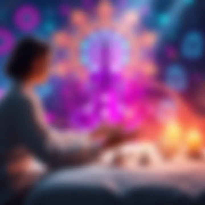 A serene image of a practitioner guiding a remote healing session, with calming colors and energy symbols around