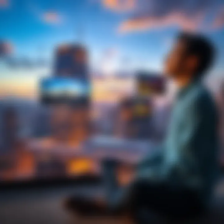Individual sitting calmly with eyes closed, visualizing various scenes from nature and urban settings, contemplating the reality of their impressions.