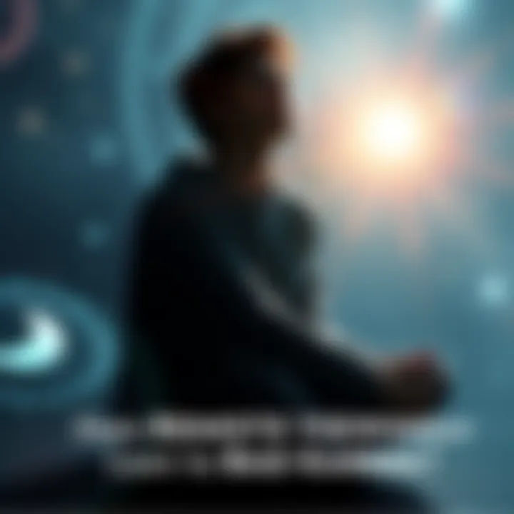 Person practicing remote viewing A person sitting cross-legged with closed eyes, focusing on remote viewing techniques, surrounded by celestial symbols and light reflections, symbolizing the search for knowledge and influence.