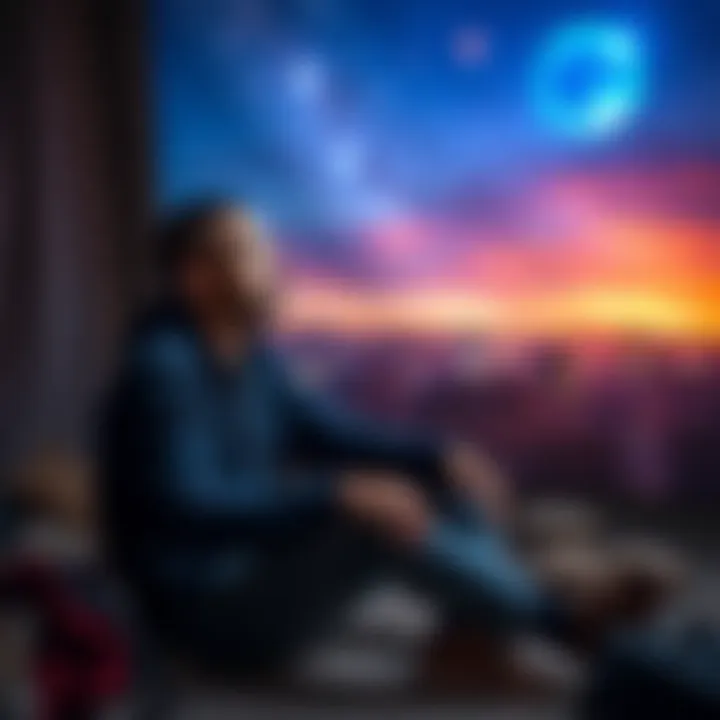 Individual sitting in a peaceful setting, focusing on visualization techniques for remote viewing, with a calm expression