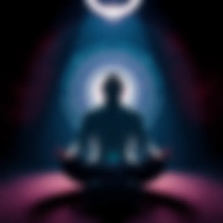 A person sitting cross-legged with closed eyes, focusing on a target in their mind, surrounded by soft light.