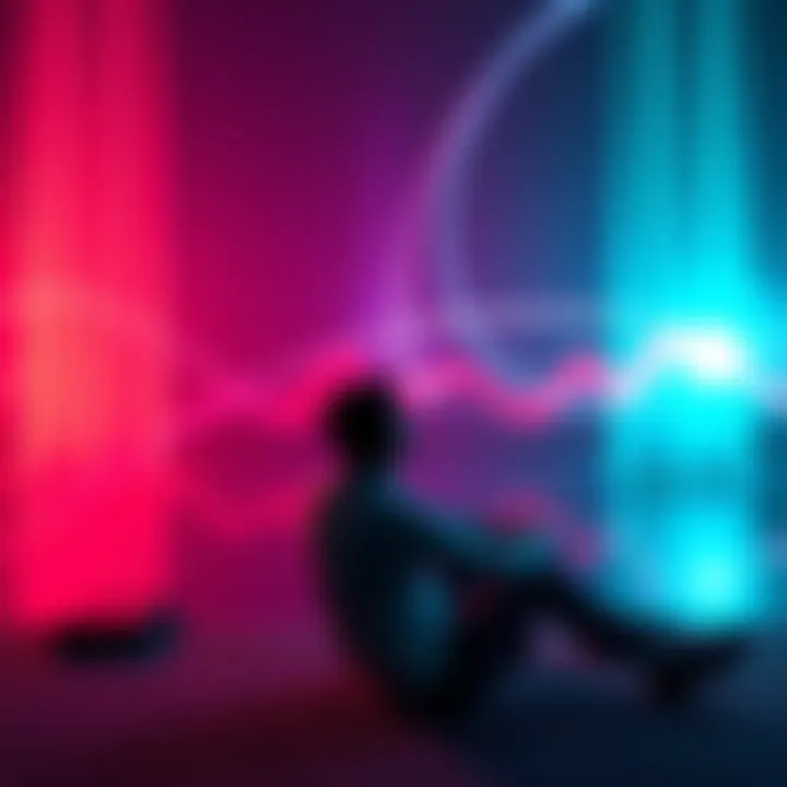 A person sitting in a serene environment, eyes closed, visualizing different timelines with light beams representing alternate realities