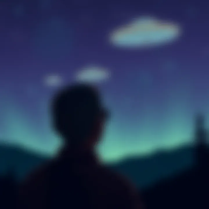 Remote Viewing UFOs An illustration of a person engaging in remote viewing, focusing on unidentified flying objects in the sky, with a backdrop of a starry night.