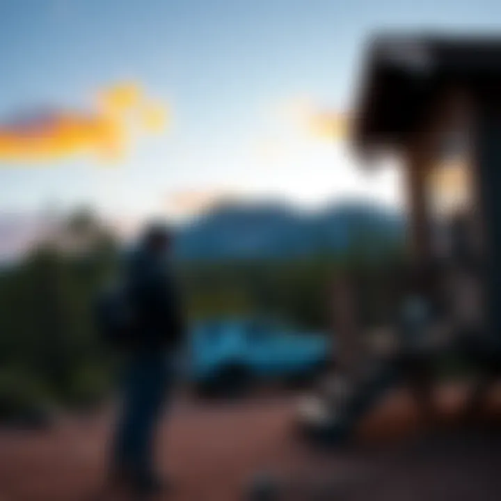A remote worker standing outside a rental cabin in Utah, looking towards the surrounding woods, with a hint of concern on his face, hinting at Bigfoot activity.