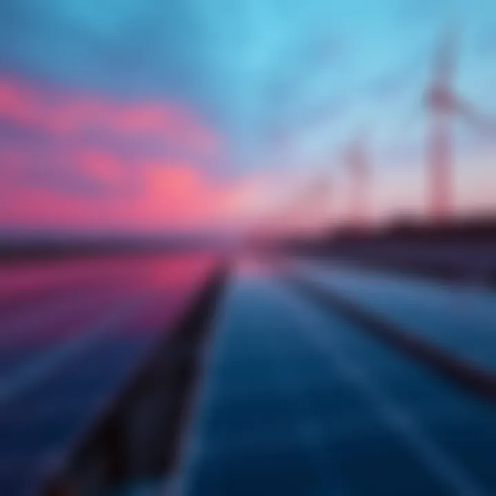 Renewable Energy Innovations A solar farm with wind turbines in the background, representing advancements in renewable energy technology.