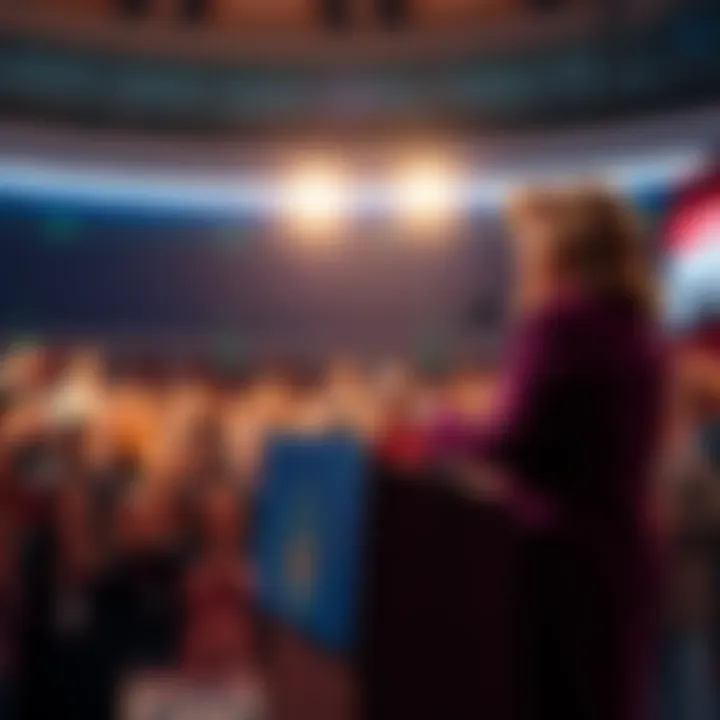 Rep. Anna Paulina standing at a podium with a microphone, hinting at an upcoming announcement, with a crowd eagerly listening