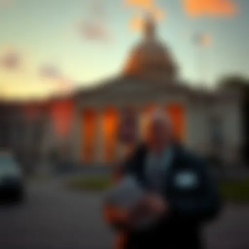 Rep. Eric Burlison stands in front of a government building, holding documents related to UFO files and looking determined.