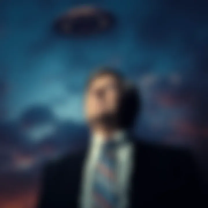 Rep. Eric Burlison appears worried while looking up at a dark sky, symbolizing the threat he faces over his UFO investigations.