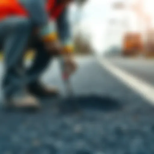 A construction worker fills a pothole in a road with asphalt, demonstrating infrastructure repair techniques.