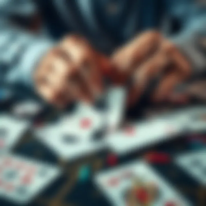 A person gluing a torn playing card on a table with other cards around