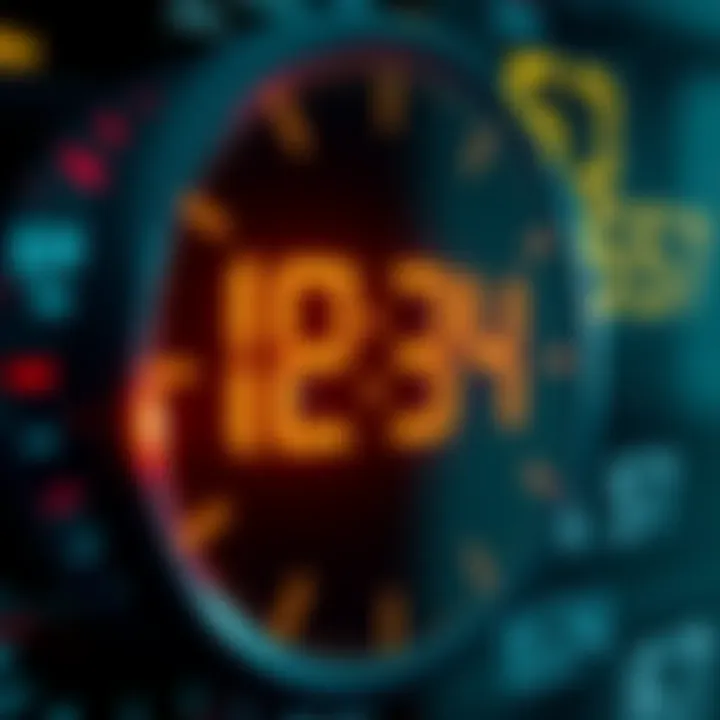 Repeating Numbers on a Clock A digital clock displaying the time 12:34, with other numbers like 34 and 57 in the background, symbolizing the concept of repeating numbers.