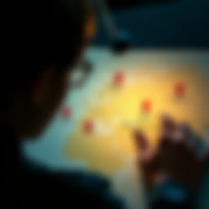 A person looking at a map with various safety locations marked, including embassies and military offices, symbolizing resources for reporting harassment.