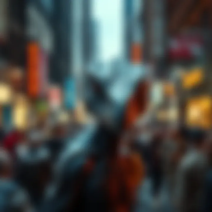 Reptilian Figure in a Crowded Street A humanoid figure with reptilian features blends into a crowd, showcasing its unique scales and sharp eyes, giving an impression of being hidden in plain sight.