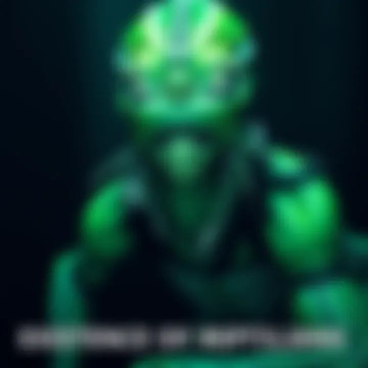 A digital illustration of a reptilian humanoid with green scales and bright eyes, set in a dark, shadowy background.